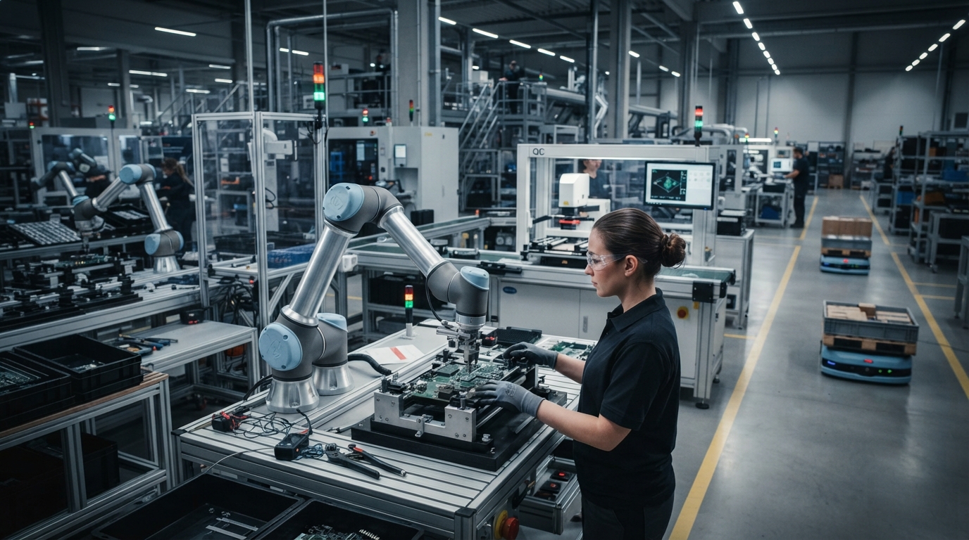 Editorial illustration for Where AI and Robotics Actually Work in Factories: Assembly, Quality Control, and Logistics Compared